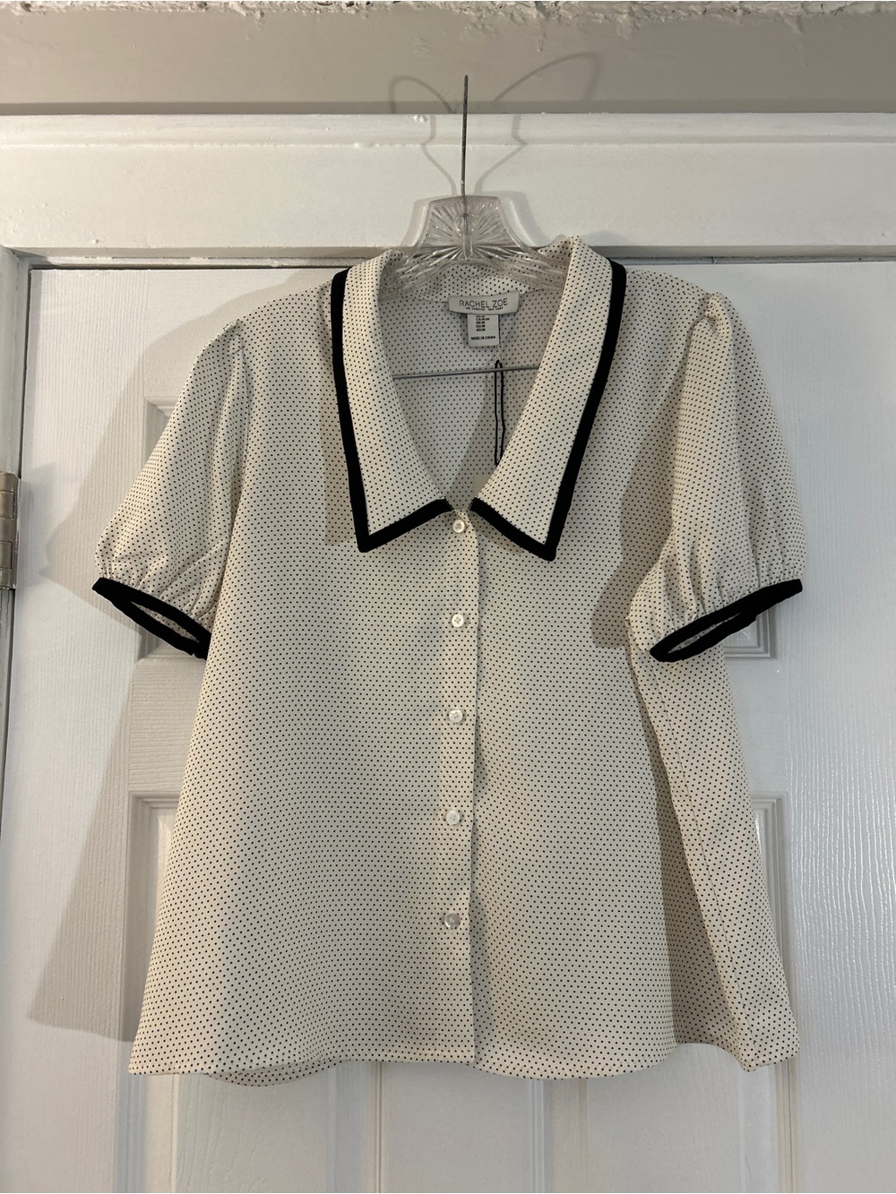 Rachel Zoe Cream Microdot Button-Front Blouse with Black Trim